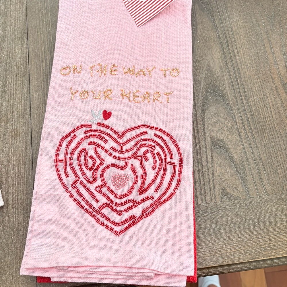 Valentines Beaded Pink Heart Kitchen Towel